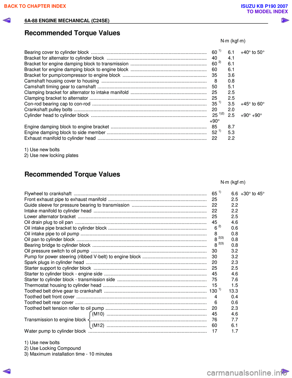 ISUZU KB P190 2007  Workshop Repair Manual 6A-88 ENGINE MECHANICAL (C24SE) 
Recommended Torque Values 
 N⋅m (kgf ⋅m) 
  
Bearing cover to cylinder block  .....................................................................................