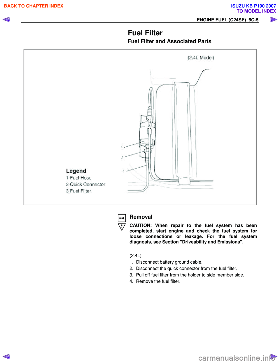 ISUZU KB P190 2007  Workshop Repair Manual ENGINE FUEL (C24SE)  6C-5 
Fuel Filter 
Fuel Filter and Associated Parts 
  
 
 
   
 
 
Removal 
CAUTION: When repair to the fuel system has been 
completed, start engine and check the fuel system fo