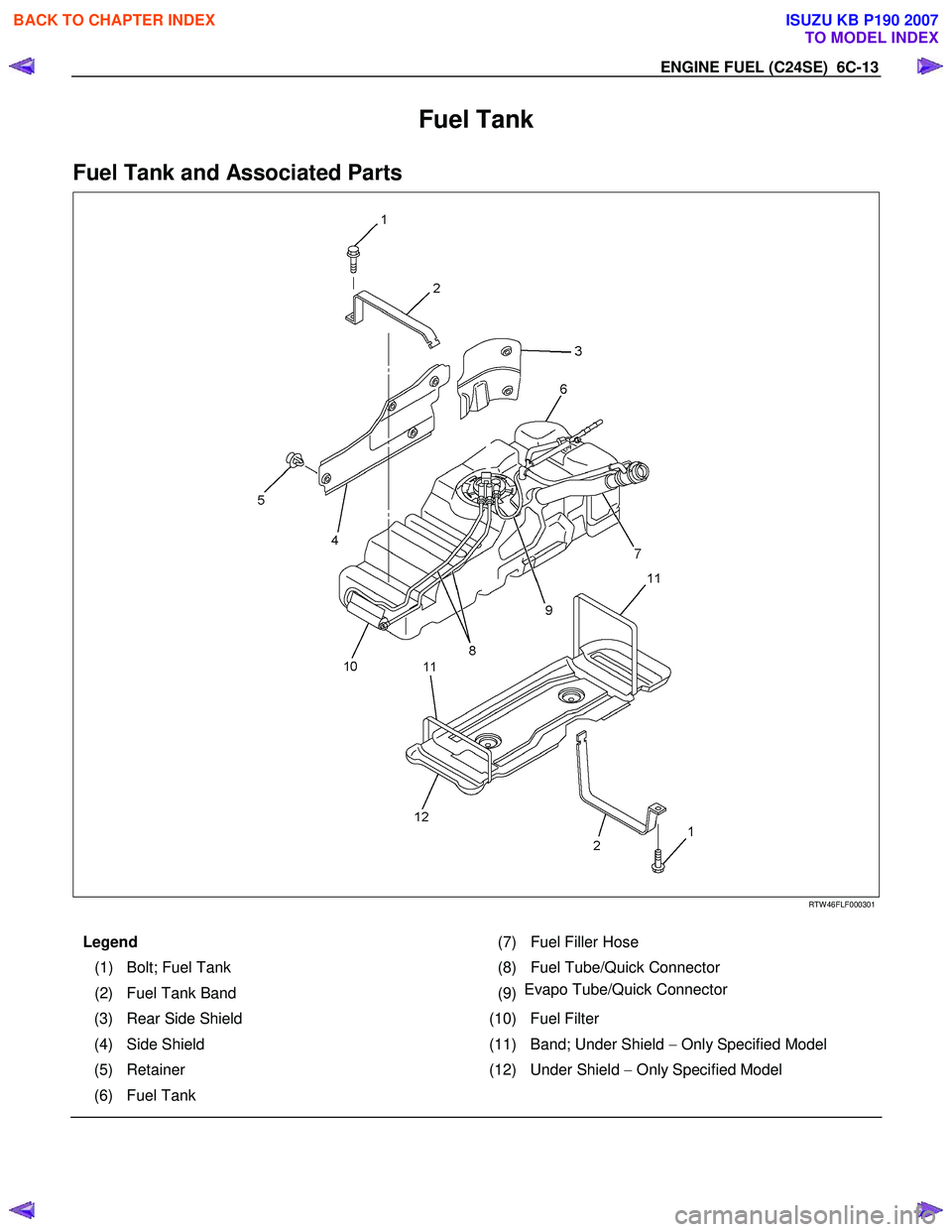 ISUZU KB P190 2007  Workshop Repair Manual ENGINE FUEL (C24SE)  6C-13 
Fuel Tank 
Fuel Tank and Associated Parts 
   
 
 
 
RTW 46FLF000301 
 
Legend   (7) Fuel Filler Hose
 
(1)  Bolt; Fuel Tank  (8)Fuel Tube/Quick Connector  
(2)  Fuel Tank 