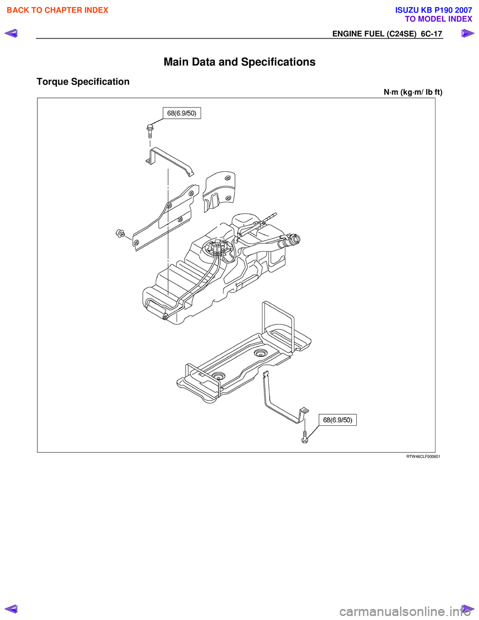 ISUZU KB P190 2007  Workshop Repair Manual ENGINE FUEL (C24SE)  6C-17 
Main Data and Specifications 
Torque Specification 
N⋅
⋅⋅ 
⋅
m (kg ⋅
⋅⋅
⋅
m/ lb ft)  
 
 
   
RTW 46CLF000601 
 
 
BACK TO CHAPTER INDEX
TO MODEL INDEX
ISUZ