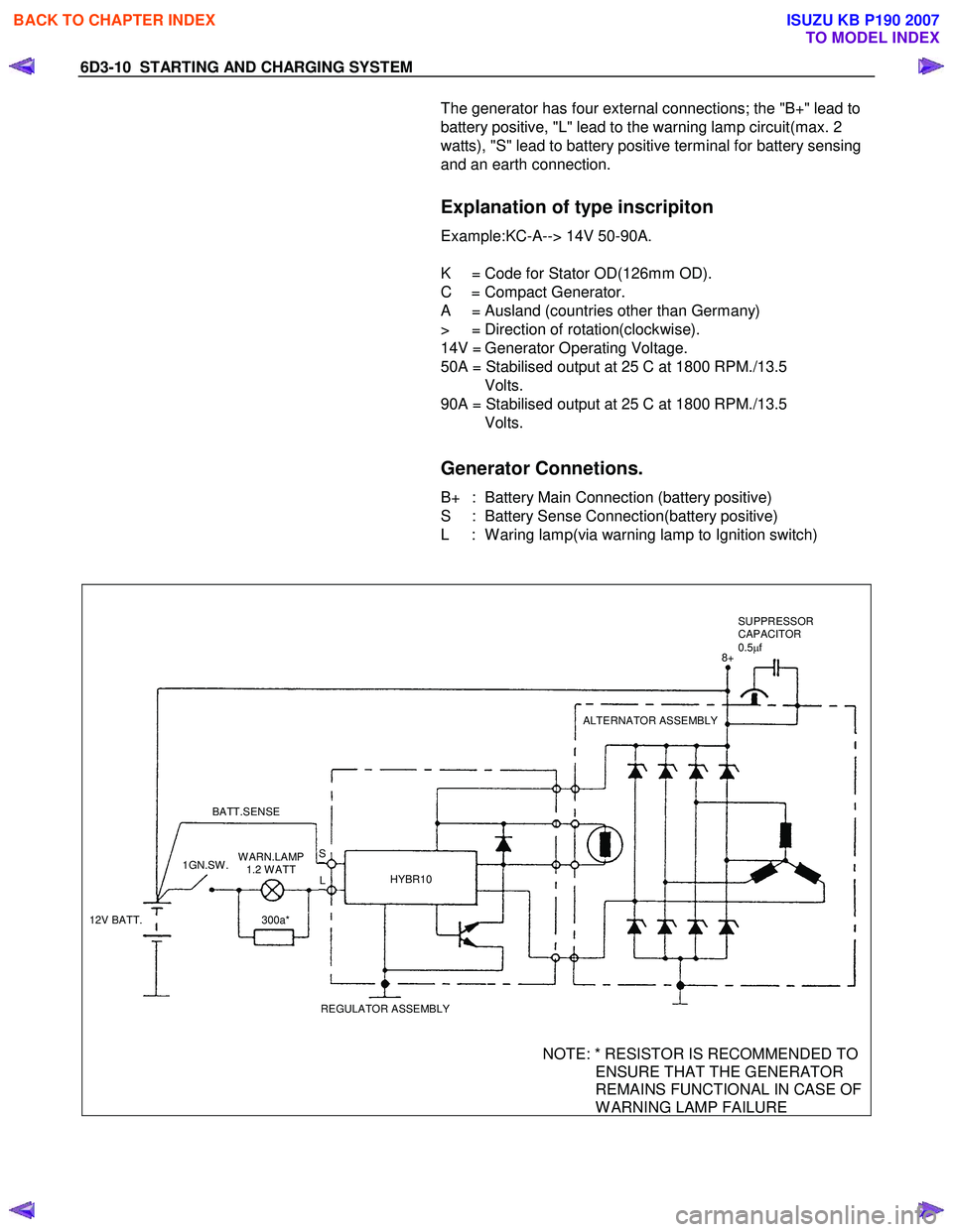 ISUZU KB P190 2007  Workshop Repair Manual 6D3-10  STARTING AND CHARGING SYSTEM 
  The generator has four external connections; the "B+" lead to  
battery positive, "L" lead to the warning lamp circuit(max. 2 
watts), "S" lead to battery posit