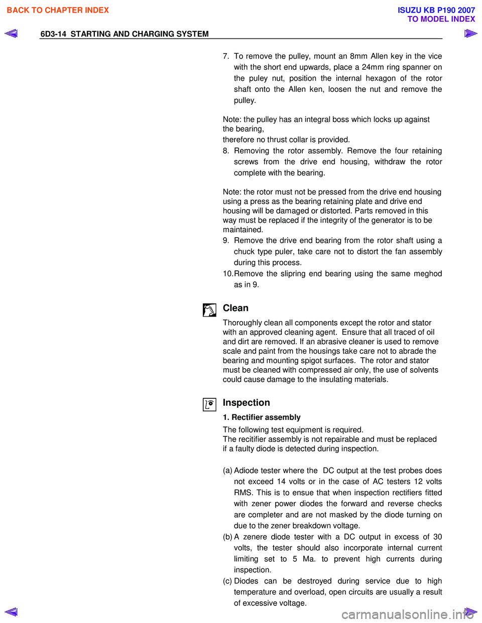 ISUZU KB P190 2007  Workshop Repair Manual 6D3-14  STARTING AND CHARGING SYSTEM 
  7.  To remove the pulley, mount an 8mm Allen key in the vice
with the short end upwards, place a 24mm ring spanner on 
the puley nut, position the internal hexa
