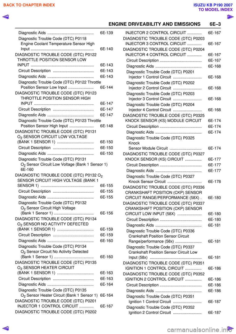 ISUZU KB P190 2007  Workshop Repair Manual ENGINE DRIVEABILITY AND EMISSIONS 6E–3
Diagnostic Aids  .......................................... 6E-139 
Diagnostic Trouble Code (DTC) P0118  Engine Coolant Temperature Sensor High 
Input ........