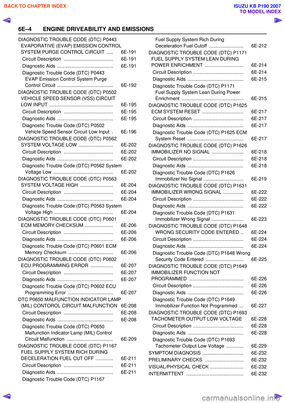 ISUZU KB P190 2007  Workshop Repair Manual 6E–4 ENGINE DRIVEABILITY AND EMISSIONS
DIAGNOSTIC TROUBLE CODE (DTC) P0443 EVAPORATIVE (EVAP) EMISSION CONTROL  
SYSTEM PURGE CONTROL CIRCUIT  ..... 6E-191
Circuit Description  .....................