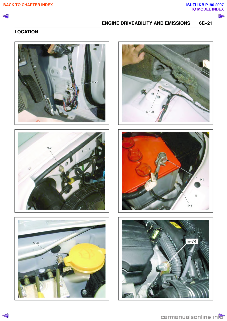 ISUZU KB P190 2007  Workshop Repair Manual ENGINE DRIVEABILITY AND EMISSIONS 6E–21
LOCATION
 
BACK TO CHAPTER INDEX
TO MODEL INDEX
ISUZU KB P190 2007 