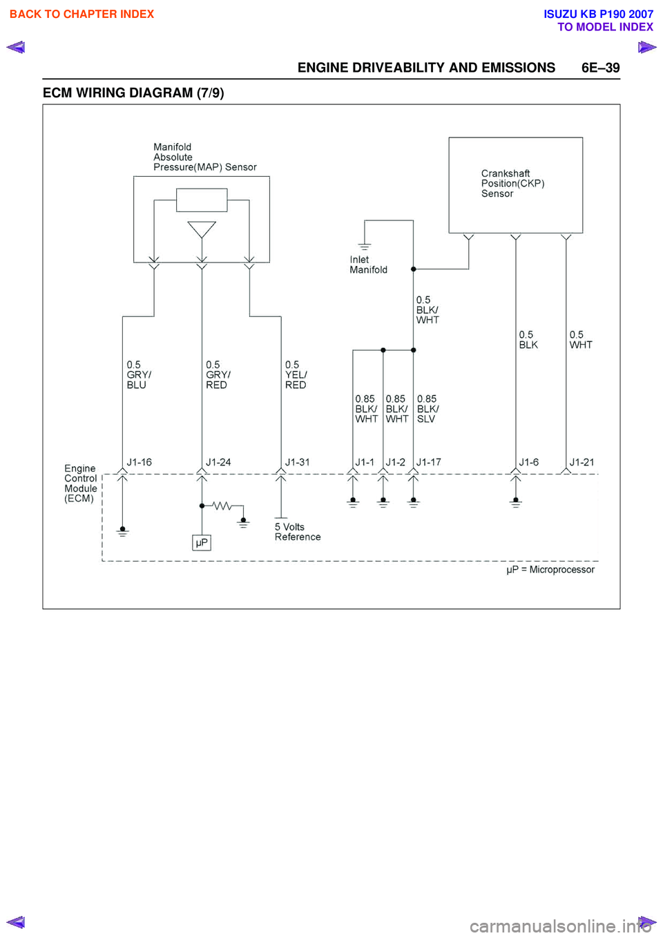 ISUZU KB P190 2007  Workshop Repair Manual ENGINE DRIVEABILITY AND EMISSIONS 6E–39
ECM WIRING DIAGRAM (7/9)
 
BACK TO CHAPTER INDEX
TO MODEL INDEX
ISUZU KB P190 2007 