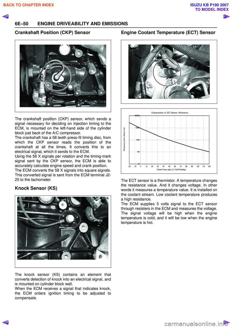 ISUZU KB P190 2007  Workshop Repair Manual 6E–50 ENGINE DRIVEABILITY AND EMISSIONS
Crankshaft Position (CKP) Sensor
The crankshaft position (CKP) sensor, which sends a 
signal necessary for deciding on injection timing to the
ECM, is mounted