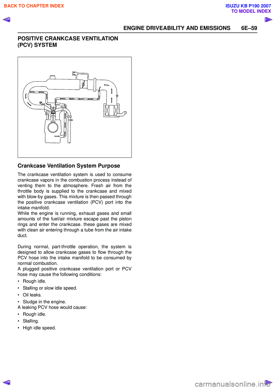 ISUZU KB P190 2007 Workshop Repair Manual ENGINE DRIVEABILITY AND EMISSIONS 6E–59
POSITIVE CRANKCASE VENTILATION
(PCV) SYSTEM
Crankcase Ventilation System Purpose
The crankcase ventilation system is used to consume
crankcase vapors in t ISUZU KB P190 2007 Workshop Repair Manual ENGINE DRIVEABILITY AND EMISSIONS 6E–59
POSITIVE CRANKCASE VENTILATION
(PCV) SYSTEM
Crankcase Ventilation System Purpose
The crankcase ventilation system is used to consume
crankcase vapors in t