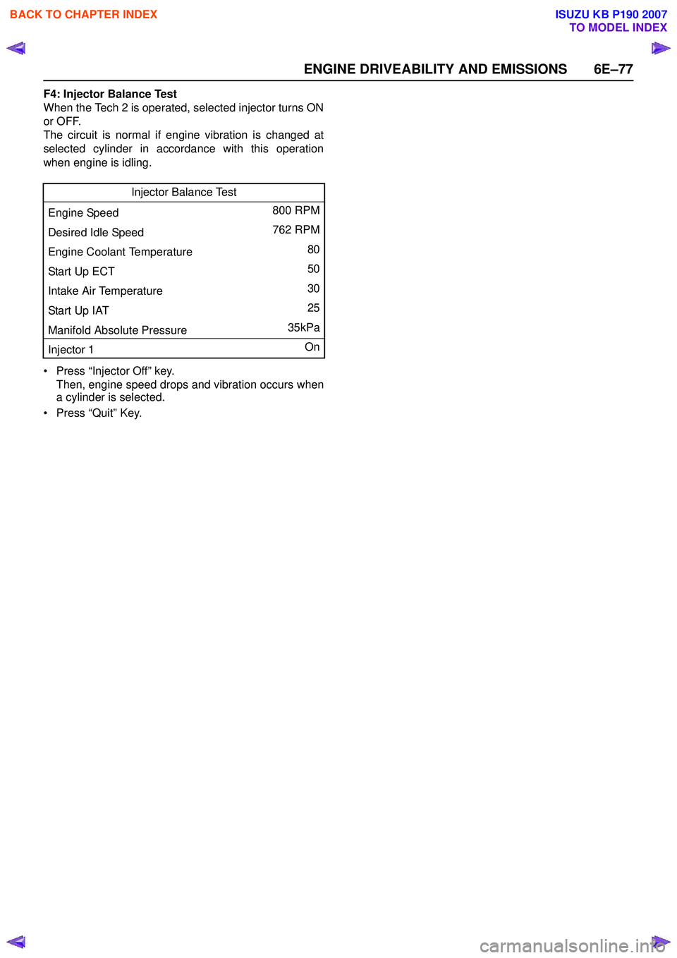 ISUZU KB P190 2007  Workshop Repair Manual ENGINE DRIVEABILITY AND EMISSIONS 6E–77
F4: Injector Balance Test 
When the Tech 2 is operated, selected injector turns ON
or OFF.
The circuit is normal if engine vibration is changed at
selected cy