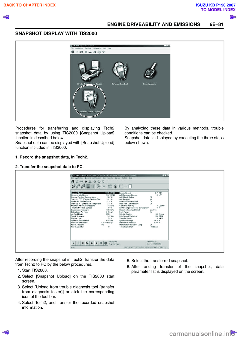 ISUZU KB P190 2007  Workshop Repair Manual ENGINE DRIVEABILITY AND EMISSIONS 6E–81
SNAPSHOT DISPLAY WITH TIS2000
Procedures for transferring and displaying Tech2 
snapshot data by using TIS2000 [Snapshot Upload]
function is described below.
