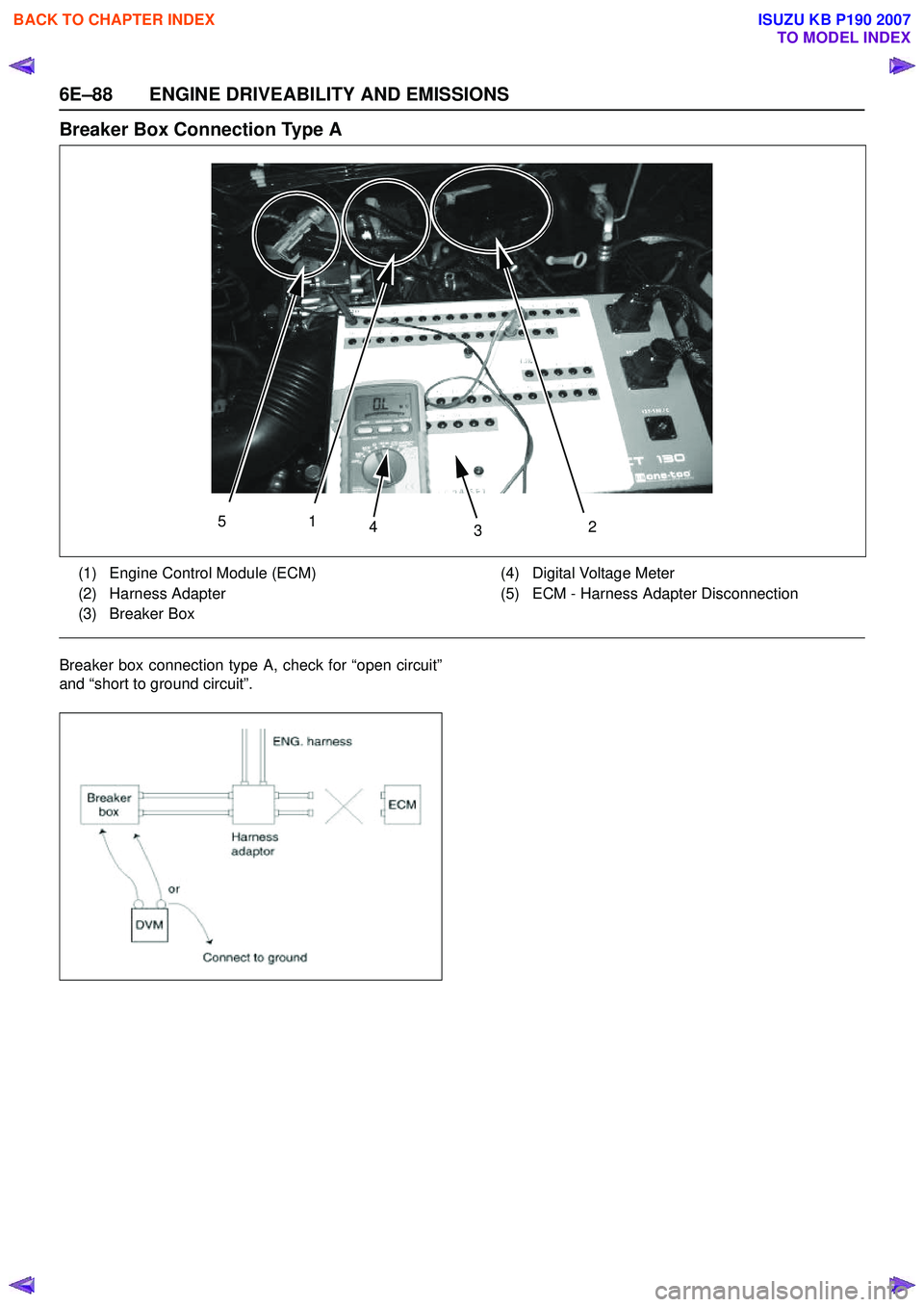 ISUZU KB P190 2007  Workshop Repair Manual 6E–88 ENGINE DRIVEABILITY AND EMISSIONS
Breaker Box Connection Type A 
Breaker box connection type A, check for “open circuit” 
and “short to ground circuit”.
51 43 2
(1) Engine Control Modu