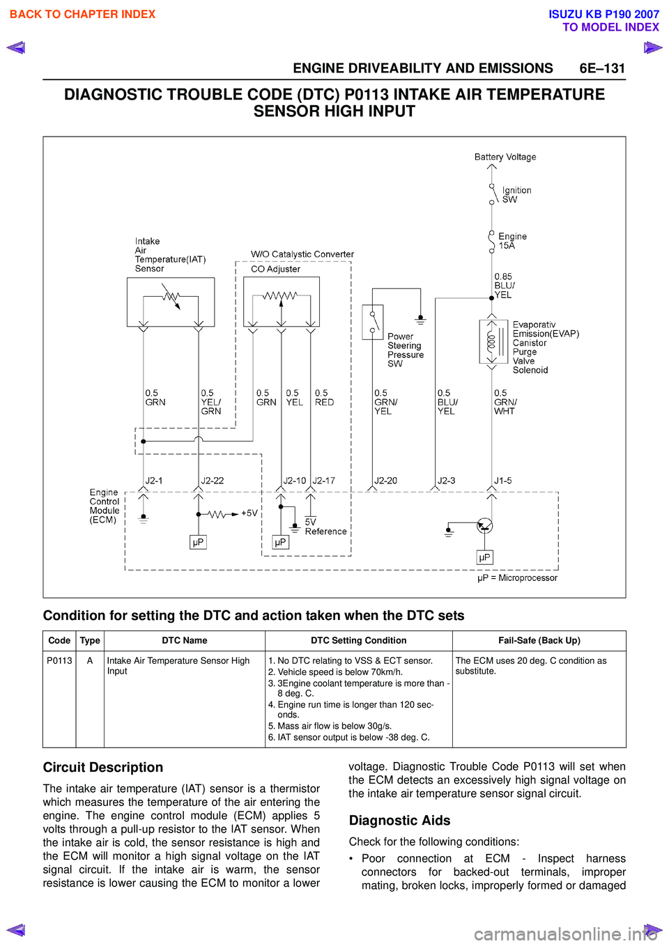 ISUZU KB P190 2007 Workshop Repair Manual ENGINE DRIVEABILITY AND EMISSIONS 6E–131
DIAGNOSTIC TROUBLE CODE (DTC) P0113 INTAKE AIR TEMPERATURE SENSOR HIGH INPUT
Condition for setting the DTC and action taken when the DTC sets
Circuit Descri ISUZU KB P190 2007 Workshop Repair Manual ENGINE DRIVEABILITY AND EMISSIONS 6E–131
DIAGNOSTIC TROUBLE CODE (DTC) P0113 INTAKE AIR TEMPERATURE SENSOR HIGH INPUT
Condition for setting the DTC and action taken when the DTC sets
Circuit Descri