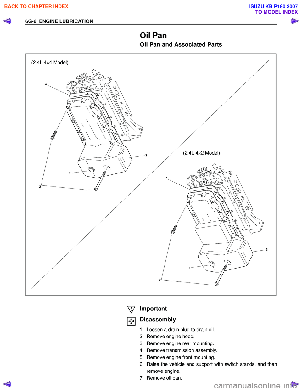 ISUZU KB P190 2007  Workshop Repair Manual 6G-6  ENGINE LUBRICATION 
Oil Pan 
Oil Pan and Associated Parts 
(2.4L 4×4 Model)
(2.4L 4×2 Model)
 
 
 
 
  
 
Important  
Disassembly 
1.  Loosen a drain plug to drain oil.  
2.  Remove engine hoo
