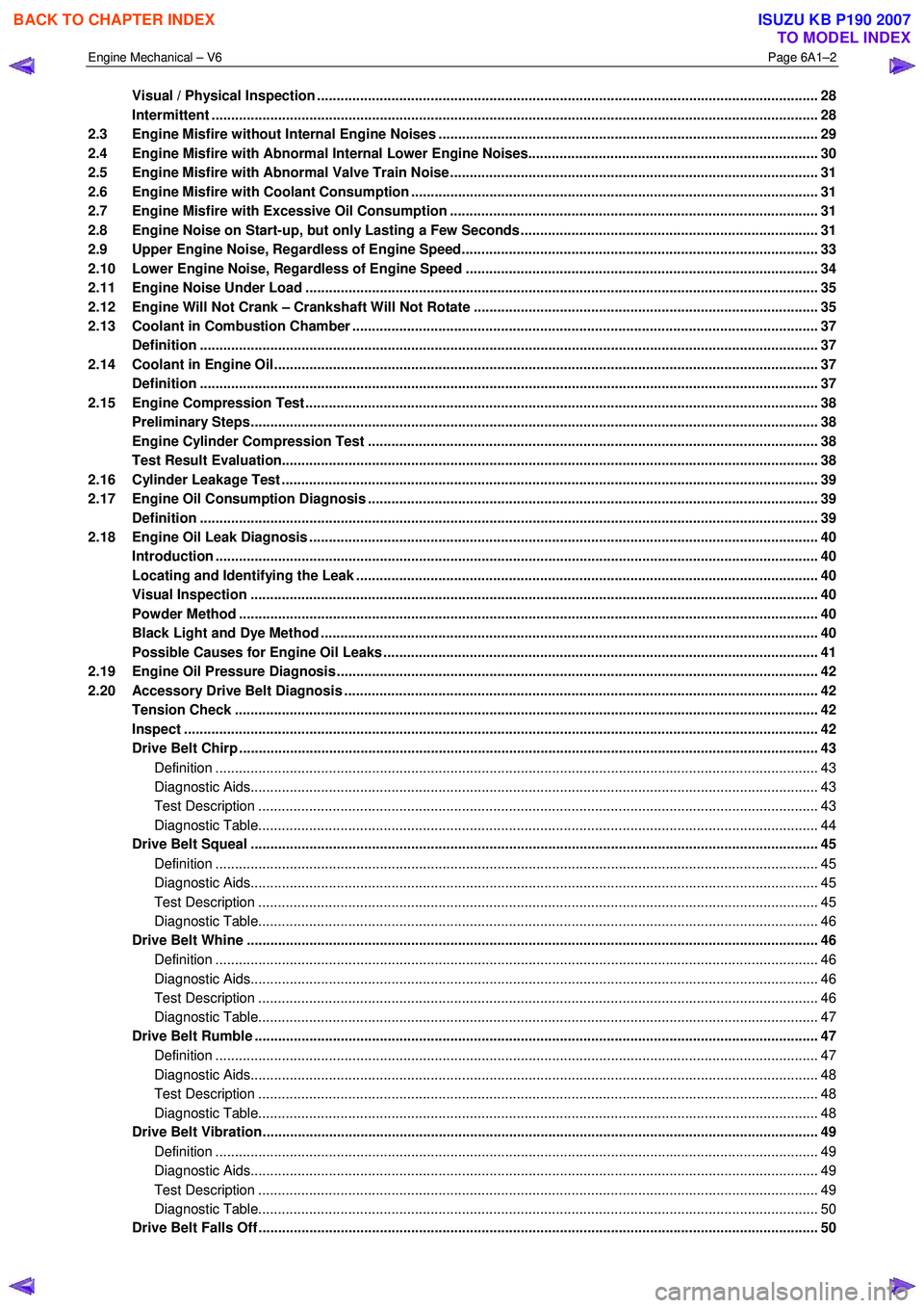 ISUZU KB P190 2007  Workshop Repair Manual Engine Mechanical – V6 Page 6A1–2 
 
Visual / Physical Inspection ................................................................................................................................ 2