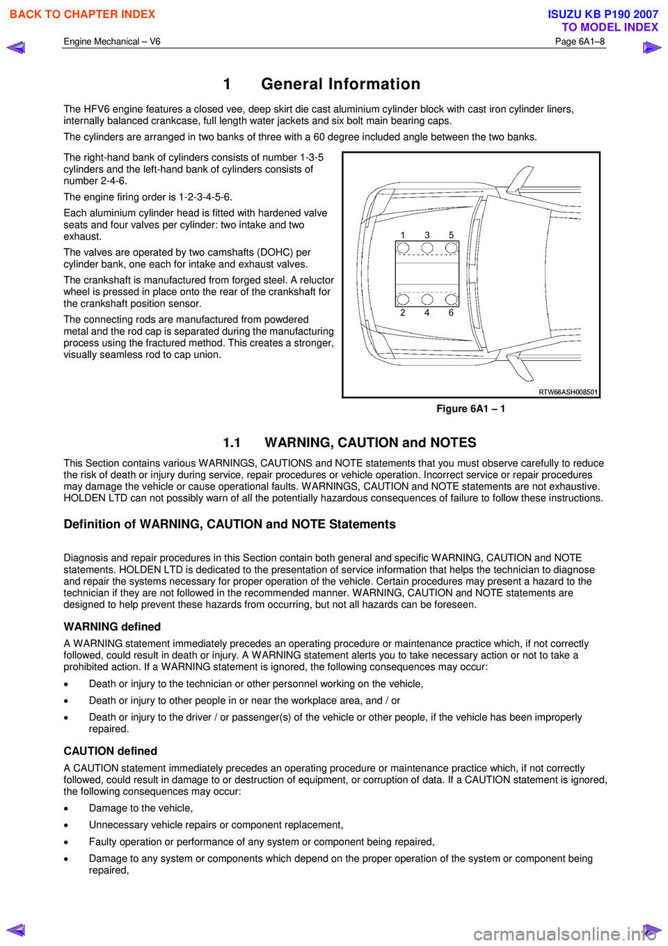 ISUZU KB P190 2007 Workshop Repair Manual Engine Mechanical – V6 Page 6A1–8
1 General Information
The HFV6 engine features a closed vee, deep skirt die cast aluminium cylinder block with cast iron cylinder liners,
internally balance ISUZU KB P190 2007 Workshop Repair Manual Engine Mechanical – V6 Page 6A1–8
1 General Information
The HFV6 engine features a closed vee, deep skirt die cast aluminium cylinder block with cast iron cylinder liners,
internally balance