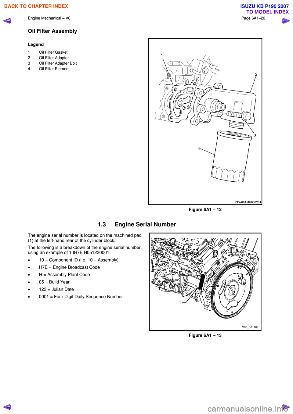 ISUZU KB P190 2007  Workshop Repair Manual Engine Mechanical – V6 Page 6A1–20 
 
Oil Filter Assembly 
Legend 
1  Oil Filter Gasket  
2  Oil Filter Adapter  
3  Oil Filter Adapter Bolt 
4  Oil Filter Element 
Figure 6A1 – 12 
1.3  Engine 