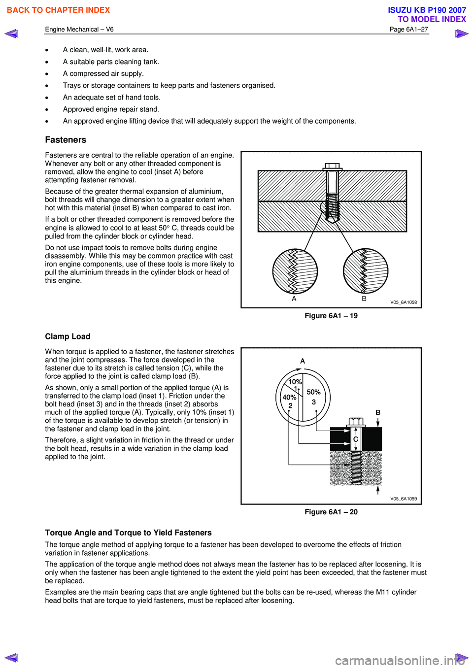 ISUZU KB P190 2007 Workshop Repair Manual Engine Mechanical – V6 Page 6A1–27
• A clean, well-lit, work area.
• A suitable parts cleaning tank.
• A compressed air supply.
• Trays or storage containers to keep parts and fas ISUZU KB P190 2007 Workshop Repair Manual Engine Mechanical – V6 Page 6A1–27
• A clean, well-lit, work area.
• A suitable parts cleaning tank.
• A compressed air supply.
• Trays or storage containers to keep parts and fas