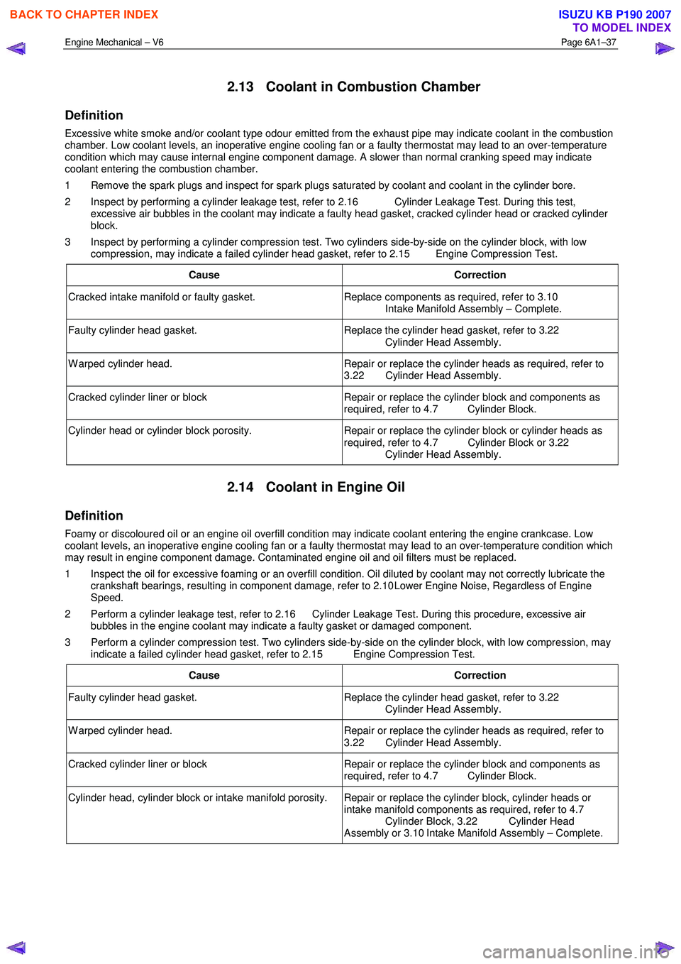 ISUZU KB P190 2007  Workshop Repair Manual Engine Mechanical – V6 Page 6A1–37 
 
2.13  Coolant in Combustion Chamber 
Definition 
Excessive white smoke and/or coolant type odour emitted from the exhaust pipe may indicate coolant in the com