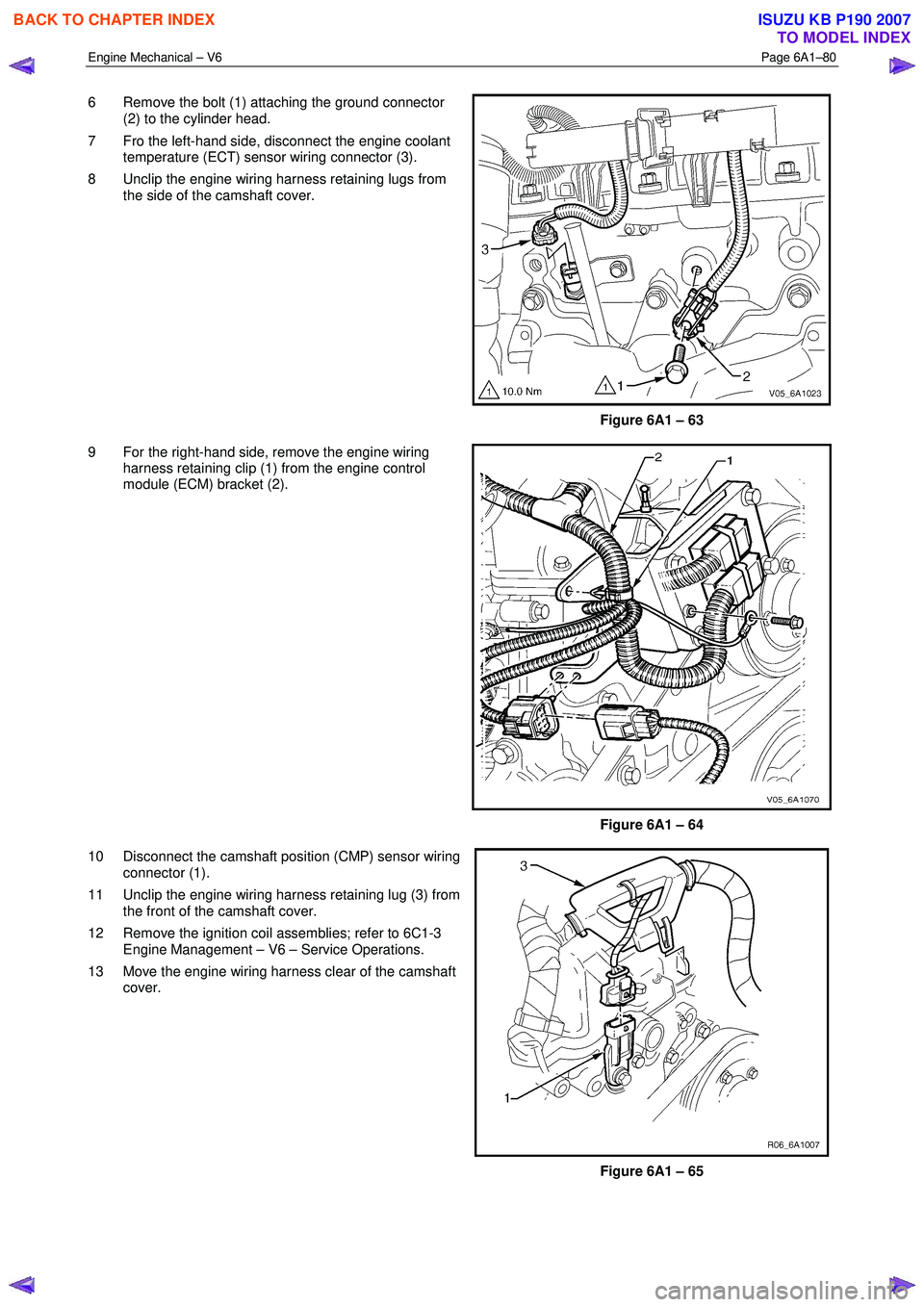ISUZU KB P190 2007  Workshop Repair Manual Engine Mechanical – V6 Page 6A1–80 
 
6  Remove the bolt (1) attaching the ground connector 
(2) to the cylinder head. 
7  Fro the left-hand side, disconnect the engine coolant  temperature (ECT) 