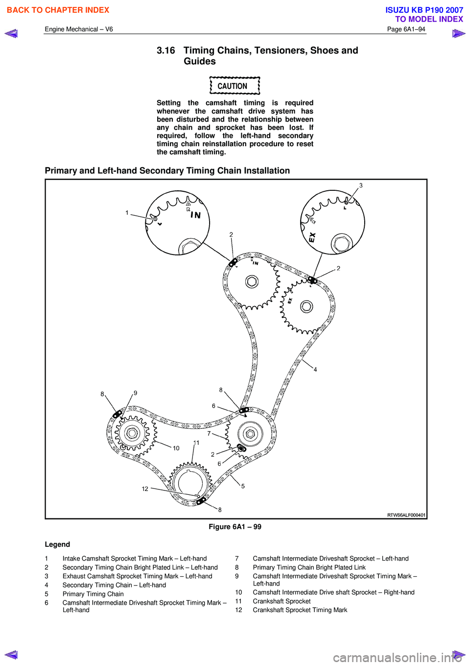 ISUZU KB P190 2007  Workshop Repair Manual Engine Mechanical – V6 Page 6A1–94 
 
3.16  Timing Chains, Tensioners, Shoes and 
Guides 
CAUTION 
Setting the camshaft timing is required  
whenever the camshaft drive system has  
been disturbed