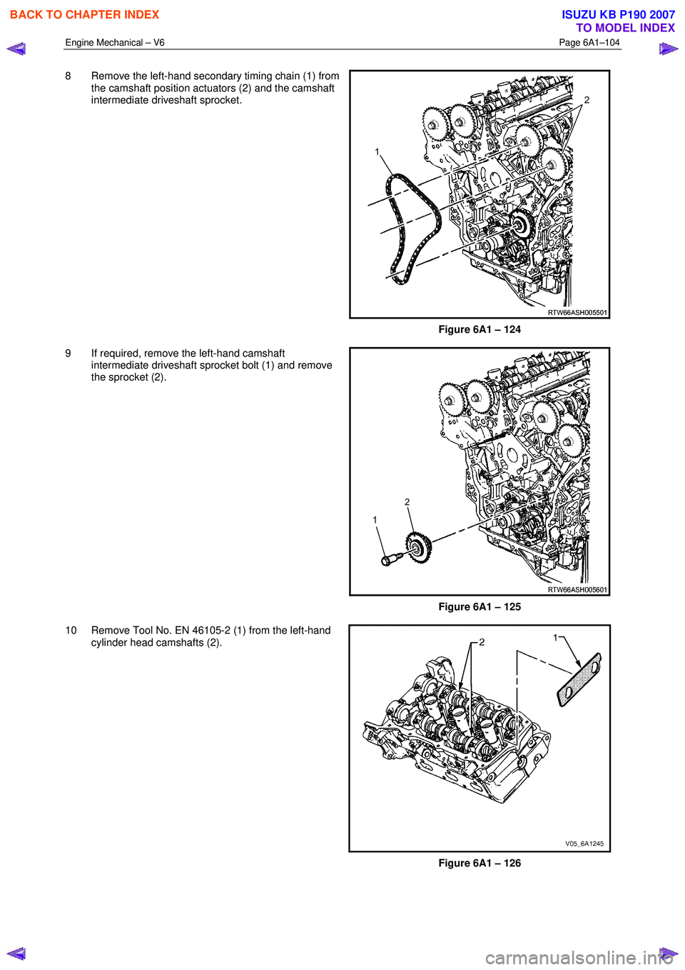 ISUZU KB P190 2007  Workshop Repair Manual Engine Mechanical – V6 Page 6A1–104 
 
8  Remove the left-hand secondary timing chain (1) from 
the camshaft position actuators (2) and the camshaft  
intermediate driveshaft sprocket. 
 
Figure 6