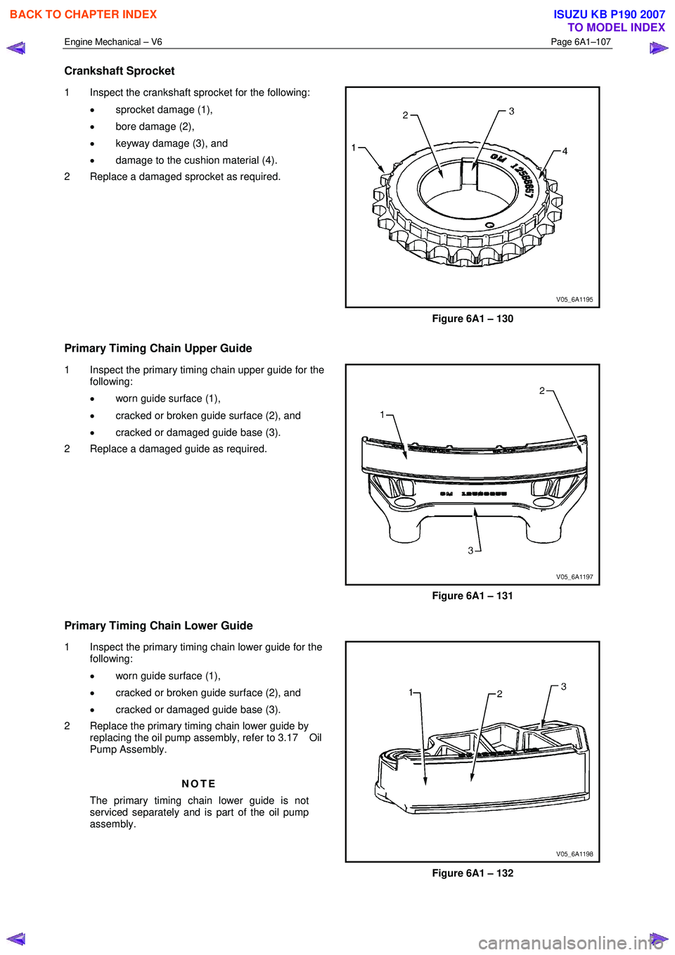 ISUZU KB P190 2007  Workshop Repair Manual Engine Mechanical – V6 Page 6A1–107 
 
Crankshaft Sprocket 
1  Inspect the crankshaft sprocket for the following: 
• sprocket damage (1), 
•  bore damage (2), 
•  keyway damage (3), and 
•
