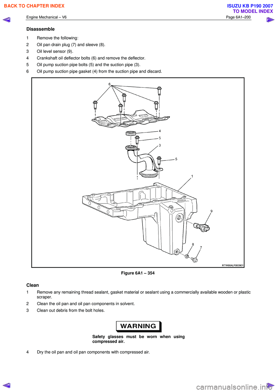 ISUZU KB P190 2007  Workshop Repair Manual Engine Mechanical – V6 Page 6A1–200 
 
Disassemble 
1  Remove the following:  
2  Oil pan drain plug (7) and sleeve (8).  
3  Oil level sensor (9).  
4  Crankshaft oil deflector bolts (6) and remo