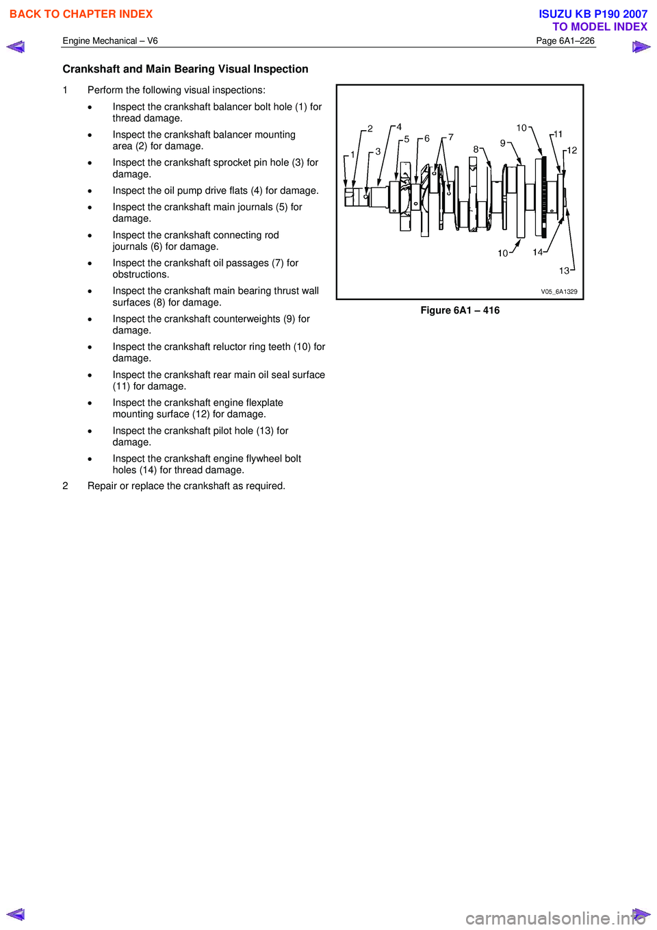 ISUZU KB P190 2007 Workshop Repair Manual Engine Mechanical – V6 Page 6A1–226
Crankshaft and Main Bearing Visual Inspection
1 Perform the following visual inspections:
• Inspect the crankshaft balancer bolt hole (1) for
thread d ISUZU KB P190 2007 Workshop Repair Manual Engine Mechanical – V6 Page 6A1–226
Crankshaft and Main Bearing Visual Inspection
1 Perform the following visual inspections:
• Inspect the crankshaft balancer bolt hole (1) for
thread d