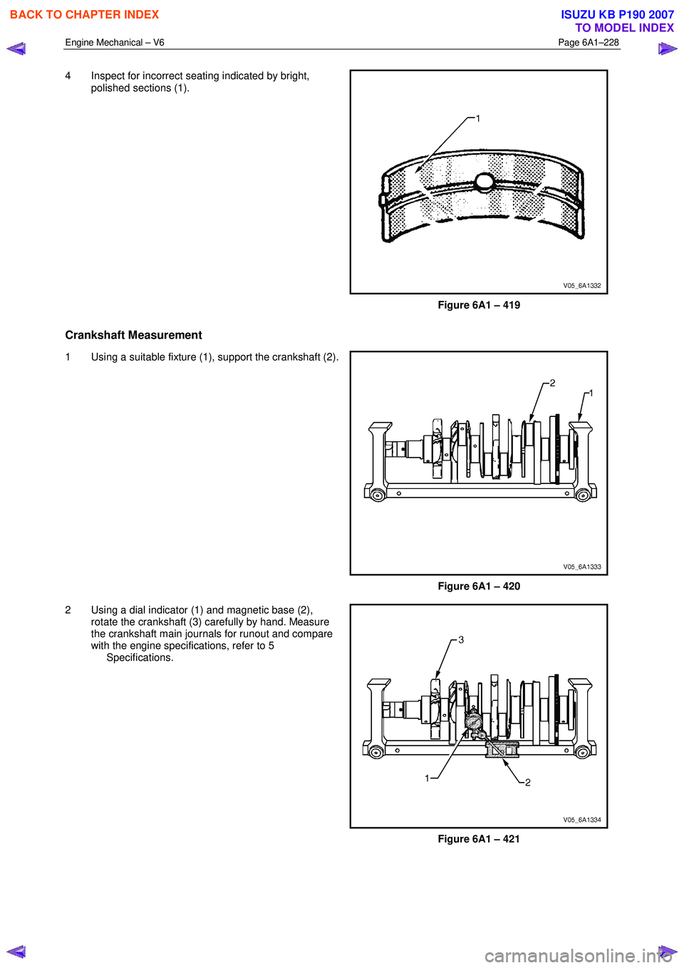 ISUZU KB P190 2007  Workshop Repair Manual Engine Mechanical – V6 Page 6A1–228 
 
4  Inspect for incorrect seating indicated by bright, 
polished sections (1). 
Figure 6A1 – 419 
Crankshaft Measurement 
1  Using a suitable fixture (1), s