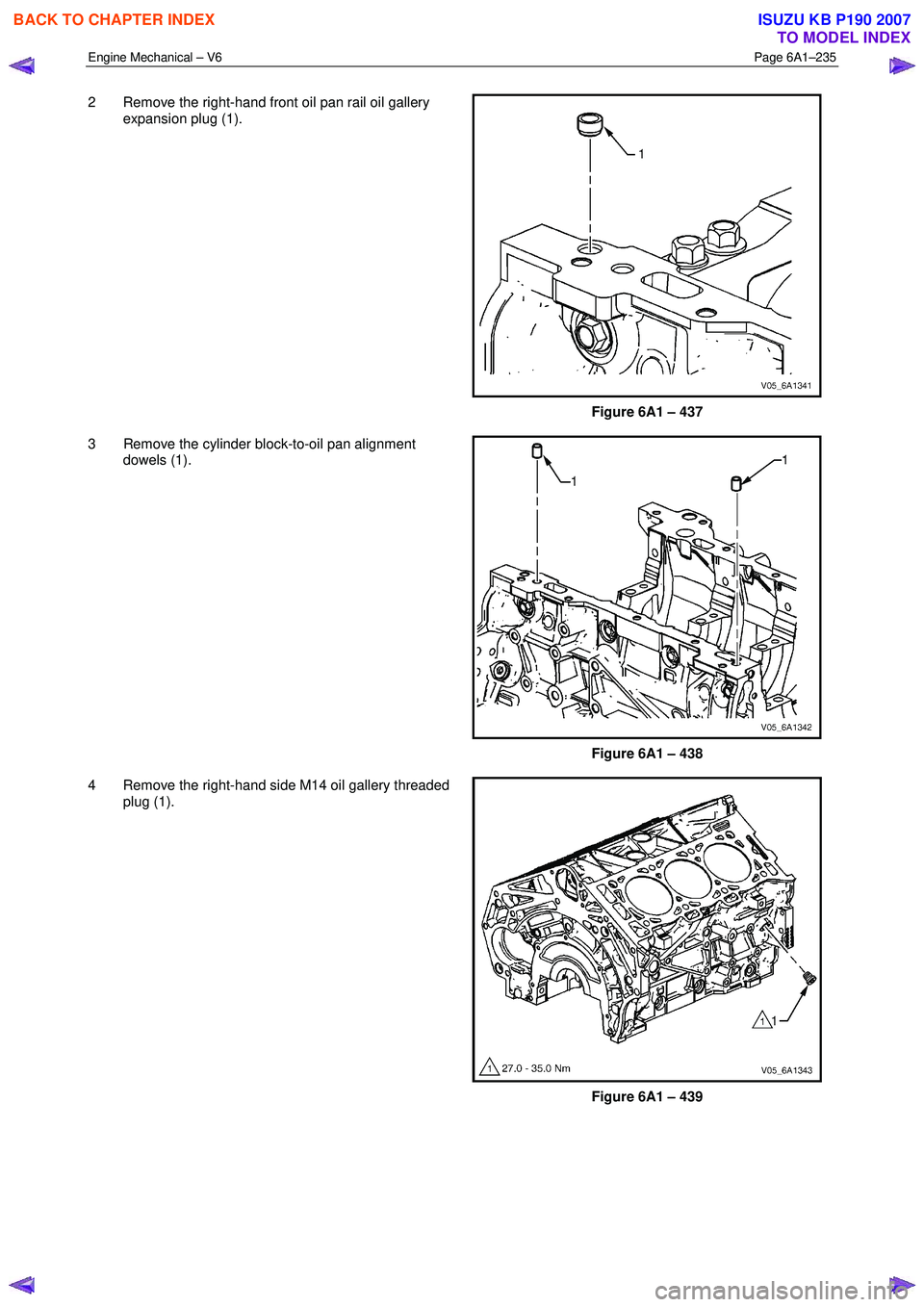 ISUZU KB P190 2007  Workshop Repair Manual Engine Mechanical – V6 Page 6A1–235 
 
2  Remove the right-hand front oil pan rail oil gallery 
expansion plug (1). 
 
Figure 6A1 – 437 
3  Remove the cylinder block-to-oil pan alignment  dowels