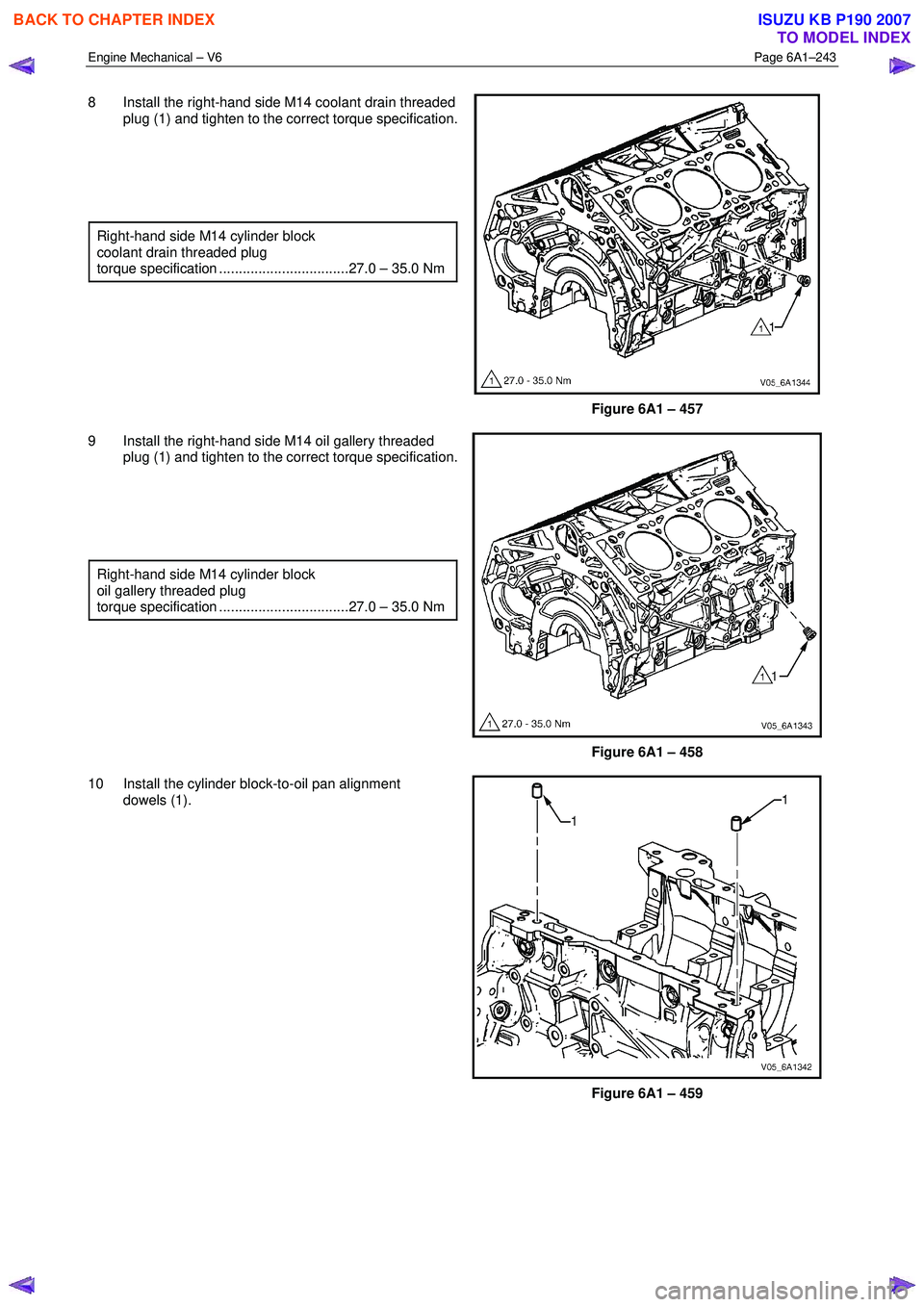 ISUZU KB P190 2007  Workshop Repair Manual Engine Mechanical – V6 Page 6A1–243 
 
8  Install the right-hand side M14 coolant drain threaded 
plug (1) and tighten to the correct torque specification.
  
  
  
 
Right-hand side M14 cylinder 