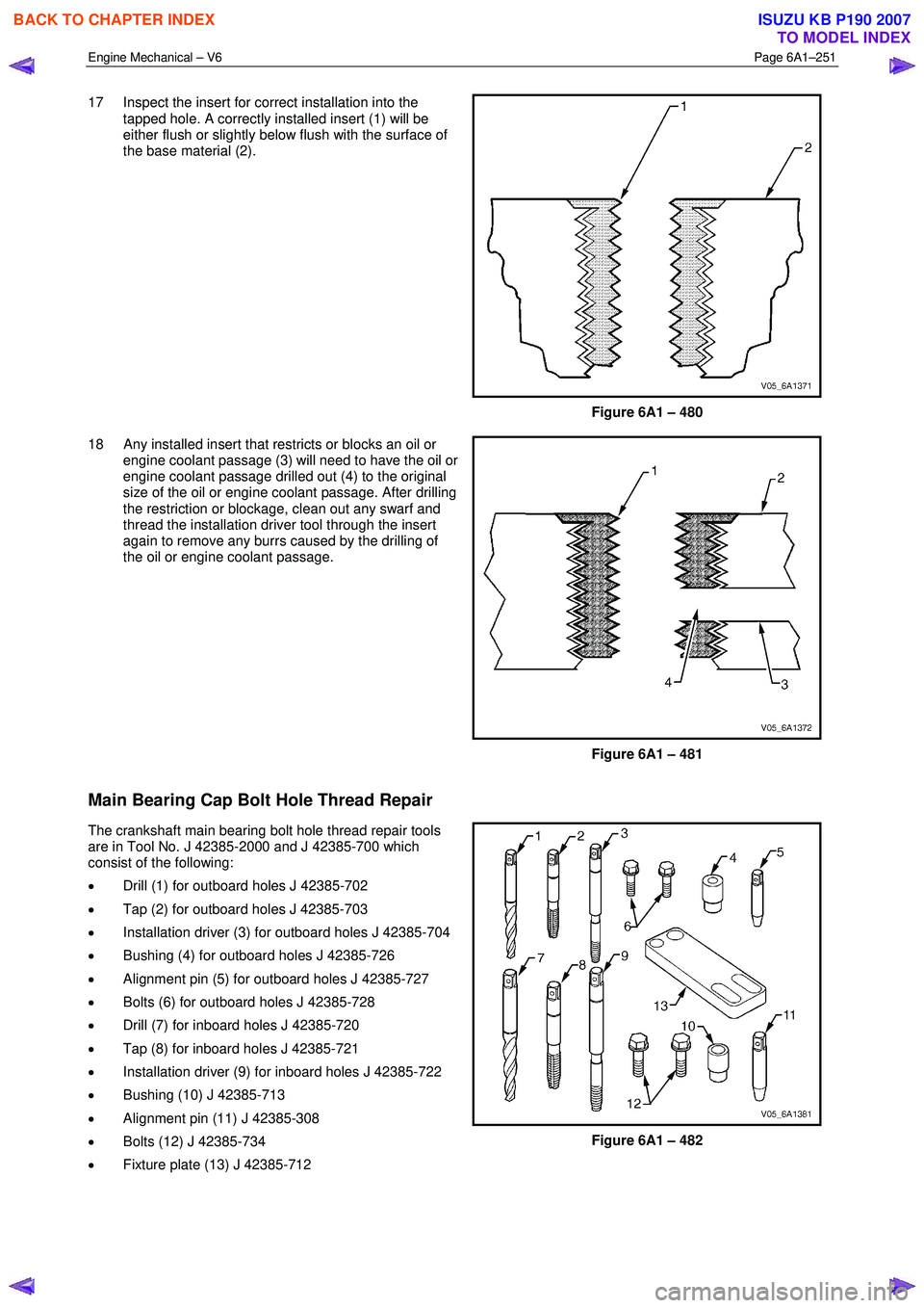 ISUZU KB P190 2007 Workshop Repair Manual Engine Mechanical – V6 Page 6A1–251
17 Inspect the insert for correct installation into the
tapped hole. A correctly installed insert (1) will be
either flush or slightly below flush with t ISUZU KB P190 2007 Workshop Repair Manual Engine Mechanical – V6 Page 6A1–251
17 Inspect the insert for correct installation into the
tapped hole. A correctly installed insert (1) will be
either flush or slightly below flush with t