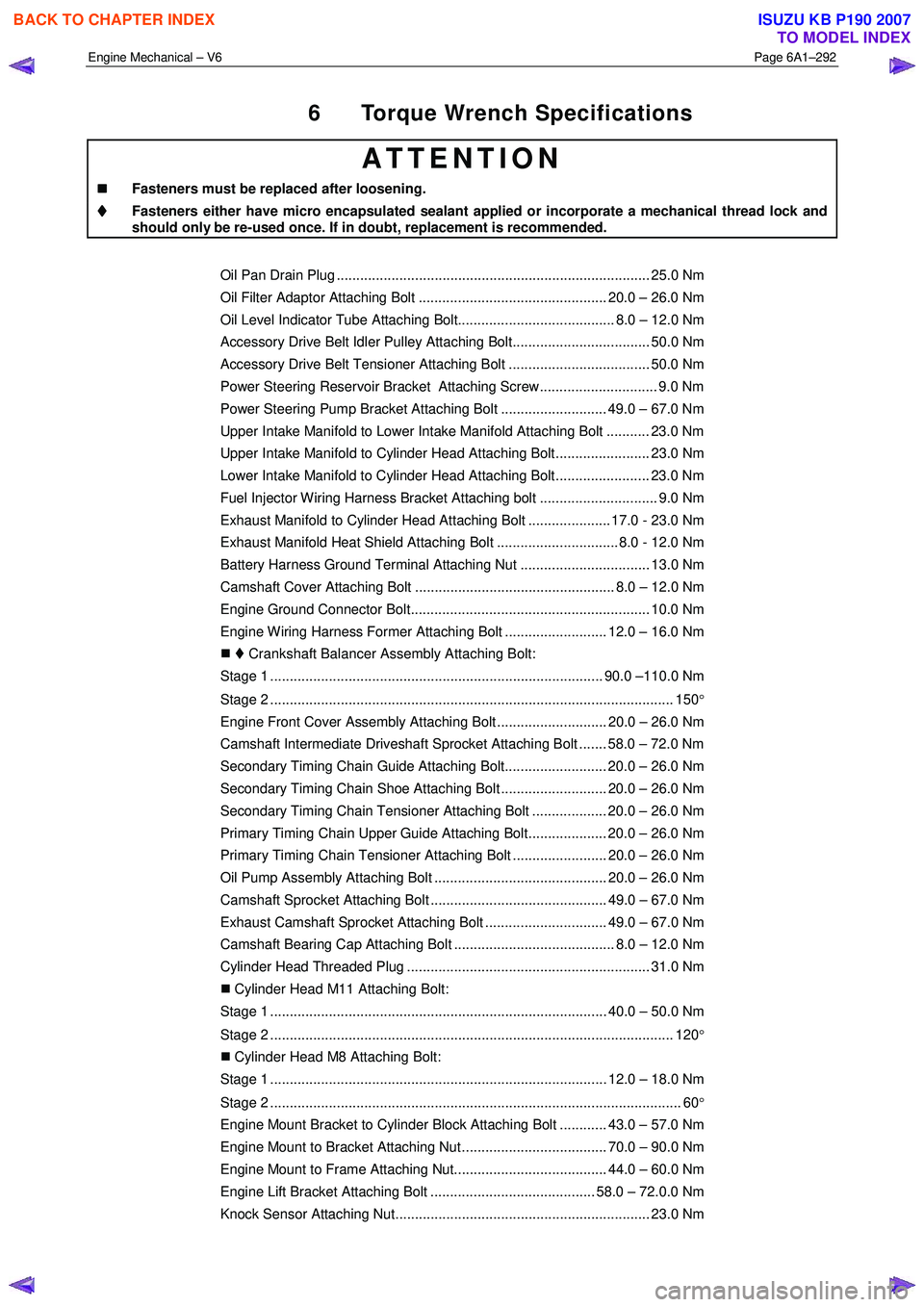 ISUZU KB P190 2007  Workshop Repair Manual Engine Mechanical – V6 Page 6A1–292 
 
6  Torque Wrench Specifications 
ATTENTION 
�„
�„�„ 
�„
  Fasteners must be replaced after loosening. 



  Fasteners either have micro encapsulated 