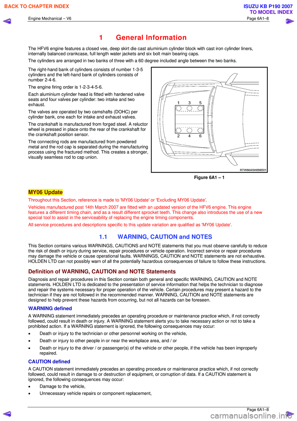 ISUZU KB P190 2007  Workshop Repair Manual Engine Mechanical – V6 Page 6A1–8 
 Page 6A1–8 
1 General Information 
The HFV6 engine features a closed vee, deep skirt die cast aluminium cylinder block with cast iron cylinder liners, 
intern