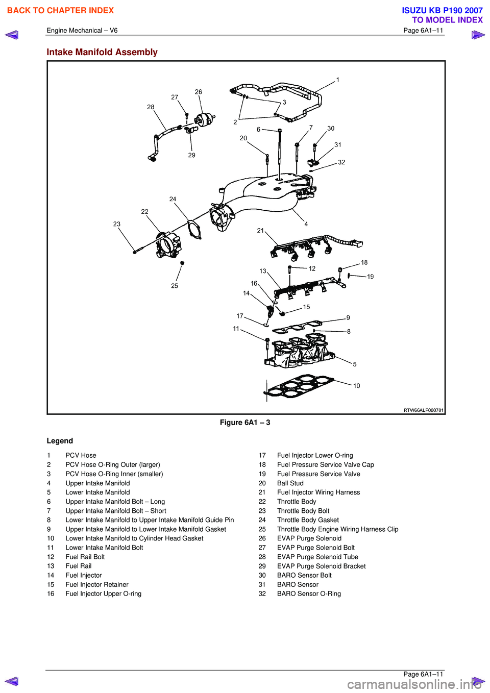 ISUZU KB P190 2007 Workshop Repair Manual Engine Mechanical – V6 Page 6A1–11
Page 6A1–11
Intake Manifold Assembly
Figure 6A1 – 3
Legend
1 PCV Hose
2 PCV Hose O-Ring Outer (larger)
3 PCV Hose O-Ring Inner (smaller)
4 Upp ISUZU KB P190 2007 Workshop Repair Manual Engine Mechanical – V6 Page 6A1–11
Page 6A1–11
Intake Manifold Assembly
Figure 6A1 – 3
Legend
1 PCV Hose
2 PCV Hose O-Ring Outer (larger)
3 PCV Hose O-Ring Inner (smaller)
4 Upp