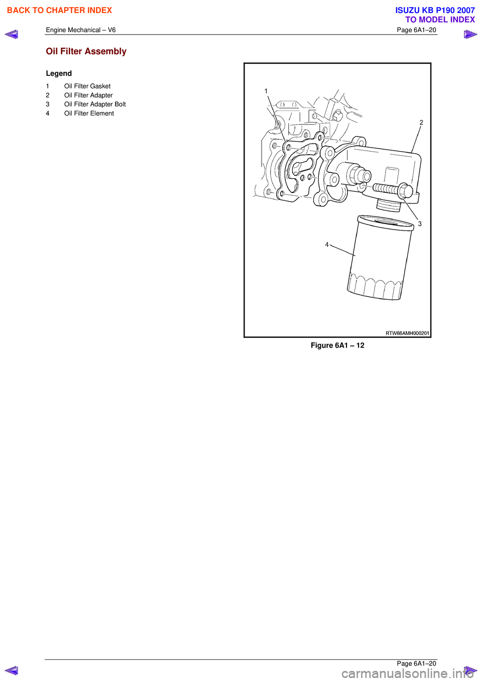 ISUZU KB P190 2007  Workshop Repair Manual Engine Mechanical – V6 Page 6A1–20 
 Page 6A1–20 
Oil Filter Assembly 
Legend 
1  Oil Filter Gasket  
2  Oil Filter Adapter  
3  Oil Filter Adapter Bolt  
4  Oil Filter Element 
Figure 6A1 – 1