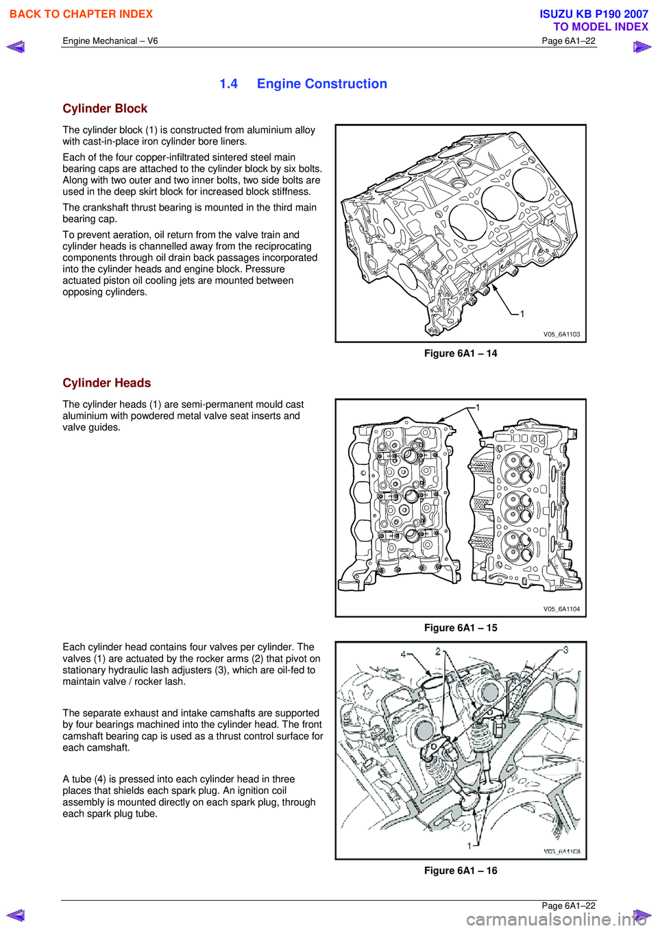 ISUZU KB P190 2007  Workshop Repair Manual Engine Mechanical – V6 Page 6A1–22 
 Page 6A1–22 
1.4 Engine Construction 
Cylinder Block 
The cylinder block (1) is constructed from aluminium alloy  
with cast-in-place iron cylinder bore line