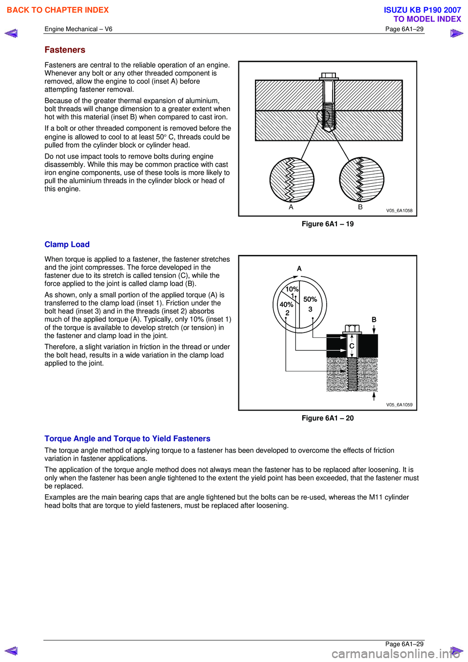 ISUZU KB P190 2007 Workshop Repair Manual Engine Mechanical – V6 Page 6A1–29
Page 6A1–29
Fasteners
Fasteners are central to the reliable operation of an engine.
Whenever any bolt or any other threaded component is
removed, allow ISUZU KB P190 2007 Workshop Repair Manual Engine Mechanical – V6 Page 6A1–29
Page 6A1–29
Fasteners
Fasteners are central to the reliable operation of an engine.
Whenever any bolt or any other threaded component is
removed, allow