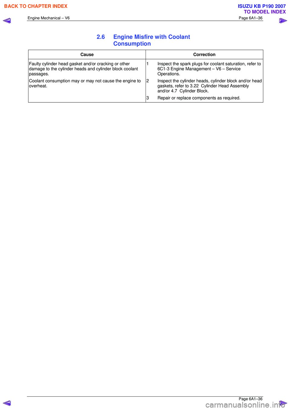 ISUZU KB P190 2007  Workshop Repair Manual Engine Mechanical – V6 Page 6A1–36 
 Page 6A1–36 
2.6  Engine Misfire with Coolant 
Consumption 
Cause Correction 
Faulty cylinder head gasket and/or cracking or other  
damage to the cylinder h