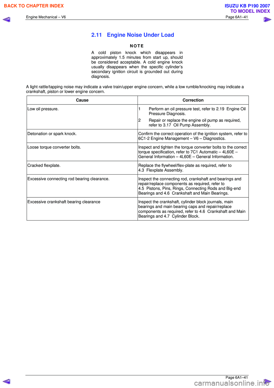 ISUZU KB P190 2007 Workshop Repair Manual Engine Mechanical – V6 Page 6A1–41
Page 6A1–41
2.11 Engine Noise Under Load
NOTE
A cold piston knock which disappears in
approximately 1.5 minutes from start up, should
be considered a ISUZU KB P190 2007 Workshop Repair Manual Engine Mechanical – V6 Page 6A1–41
Page 6A1–41
2.11 Engine Noise Under Load
NOTE
A cold piston knock which disappears in
approximately 1.5 minutes from start up, should
be considered a