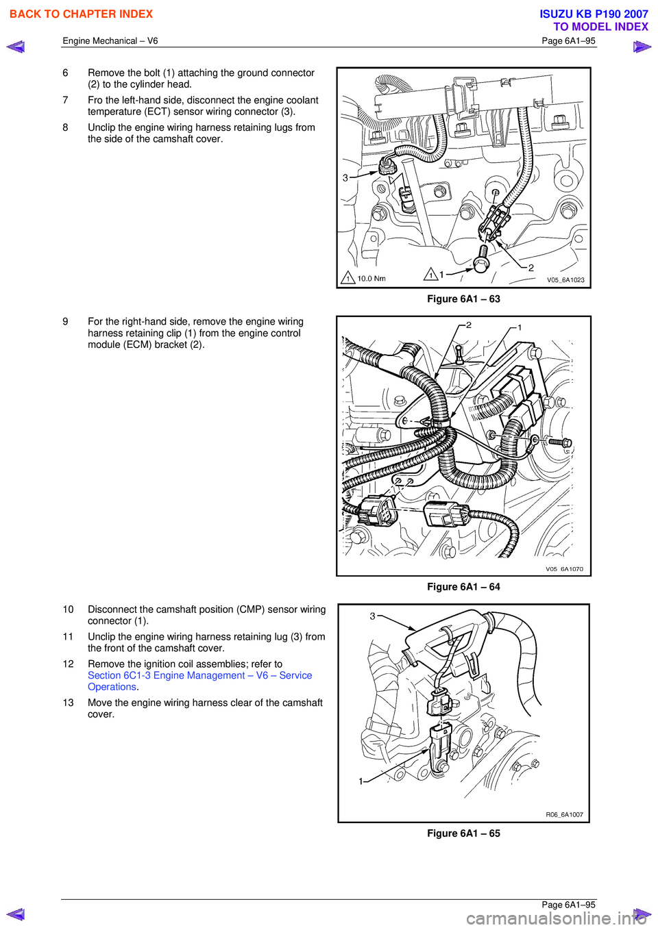 ISUZU KB P190 2007  Workshop Repair Manual Engine Mechanical – V6 Page 6A1–95 
 Page 6A1–95 
6  Remove the bolt (1) attaching the ground connector 
(2) to the cylinder head. 
7  Fro the left-hand side, disconnect the engine coolant  temp