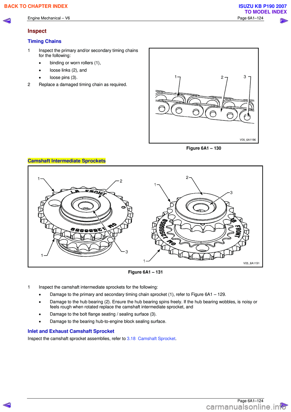 ISUZU KB P190 2007  Workshop Repair Manual Engine Mechanical – V6 Page 6A1–124 
 Page 6A1–124 
Inspect 
Timing Chains 
1  Inspect the primary and/or secondary timing chains 
for the following:  
•  binding or worn rollers (1), 
•  lo