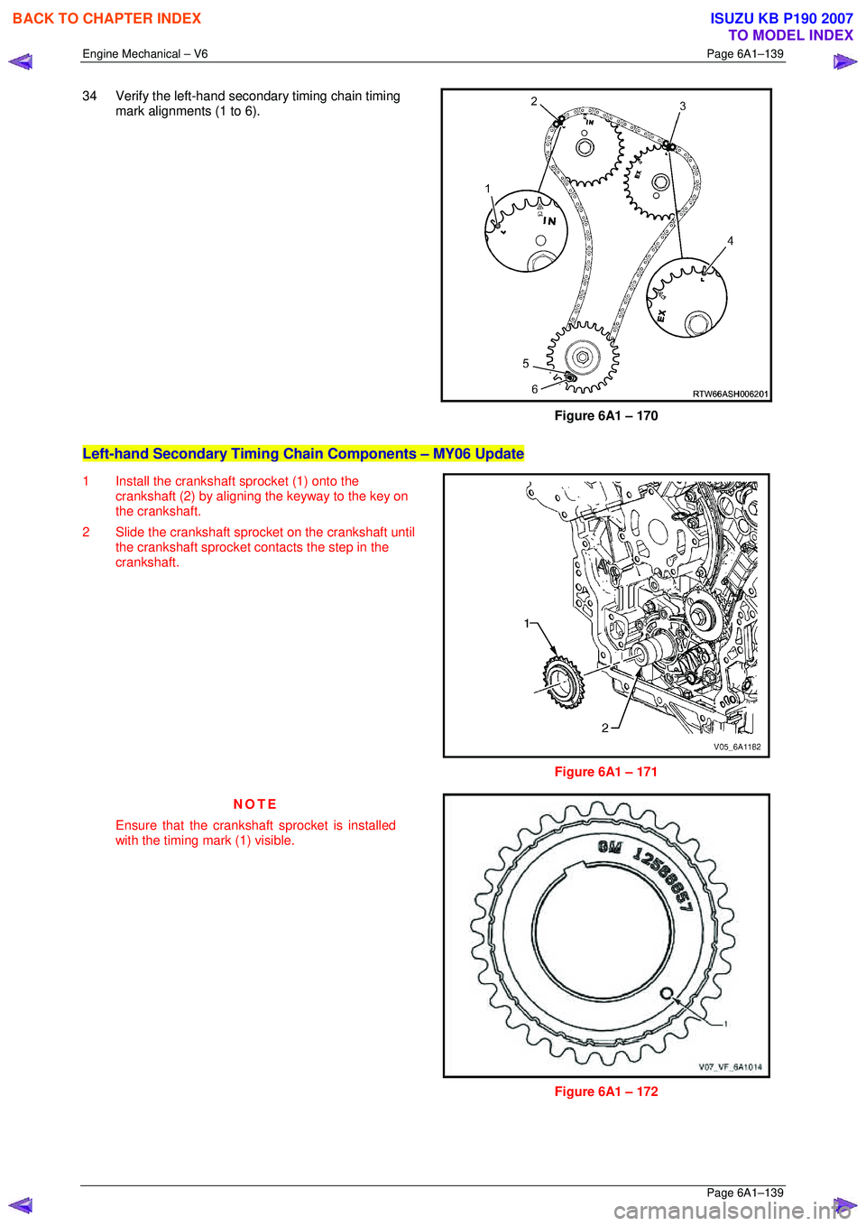 ISUZU KB P190 2007  Workshop Repair Manual Engine Mechanical – V6 Page 6A1–139 
 Page 6A1–139 
34  Verify the left-hand secondary timing chain timing 
mark alignments (1 to 6). 
 
 
Figure 6A1 – 170 
Left-hand Secondary Timing Chain Co