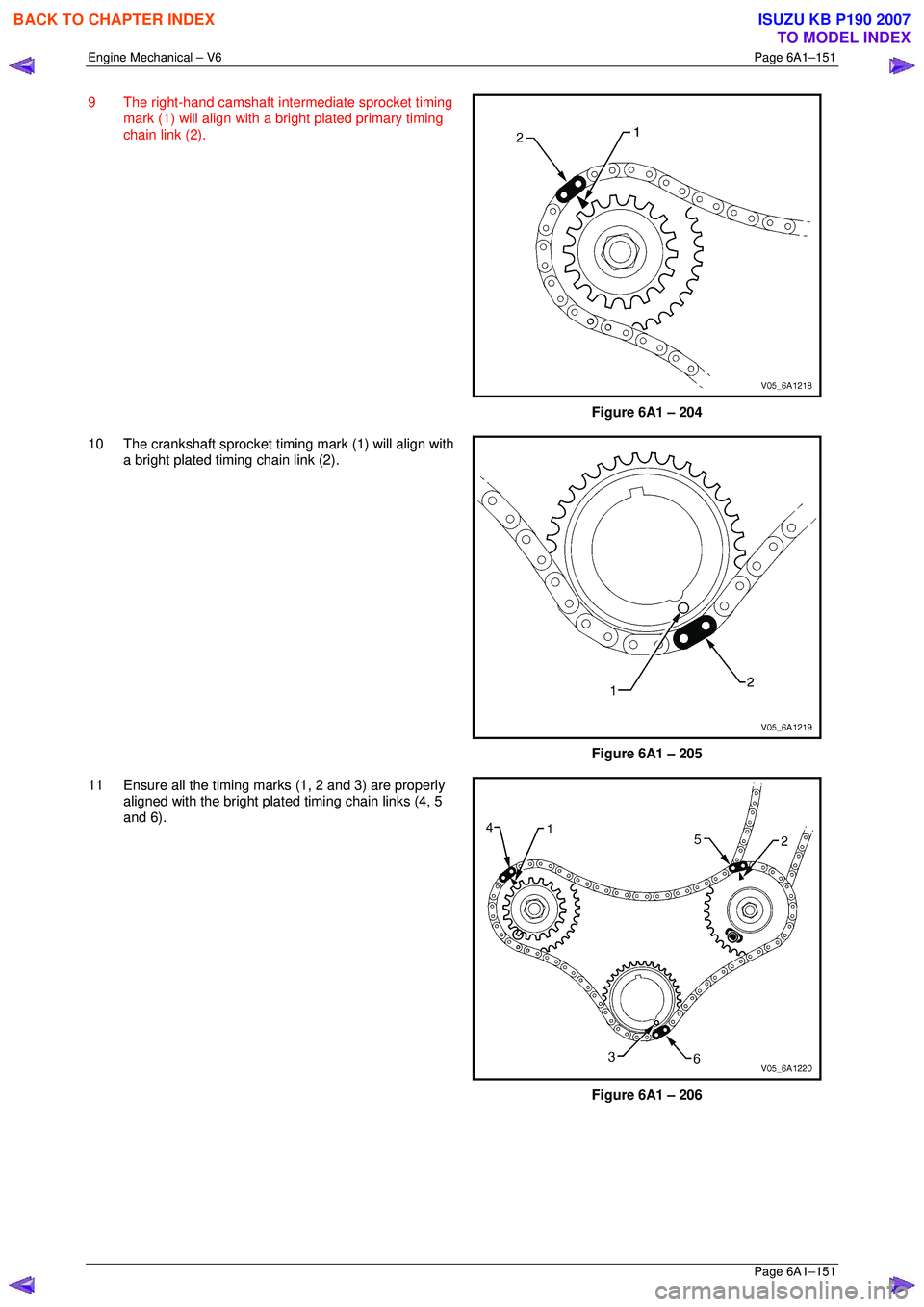 ISUZU KB P190 2007  Workshop Repair Manual Engine Mechanical – V6 Page 6A1–151 
 Page 6A1–151 
9  The right-hand camshaft intermediate sprocket timing 
mark (1) will align with a bright plated primary timing  
chain link (2). 
 
 
Figure