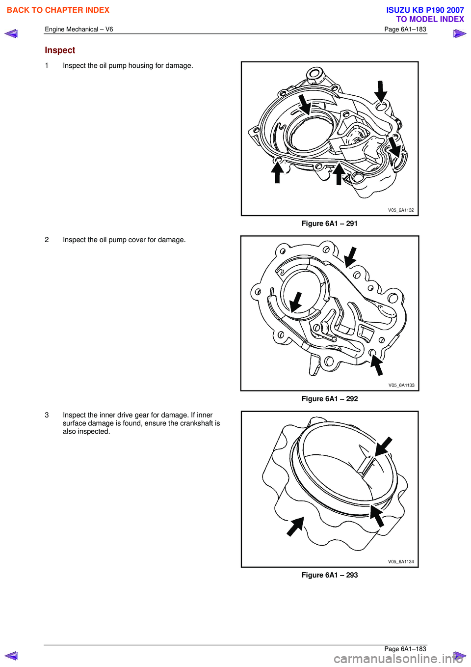 ISUZU KB P190 2007  Workshop Repair Manual Engine Mechanical – V6 Page 6A1–183 
 Page 6A1–183 
Inspect 
1  Inspect the oil pump housing for damage. 
 
Figure 6A1 – 291 
2  Inspect the oil pump cover for damage.  
 
 
Figure 6A1 – 292