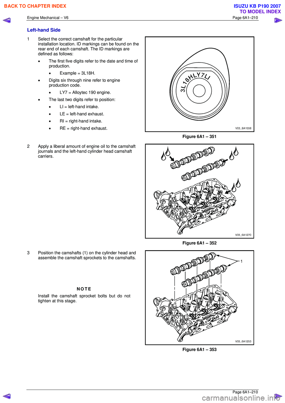ISUZU KB P190 2007  Workshop Repair Manual Engine Mechanical – V6 Page 6A1–210 
 Page 6A1–210 
Left-hand Side 
1  Select the correct camshaft for the particular 
installation location. ID markings can be found on the  
rear end of each c