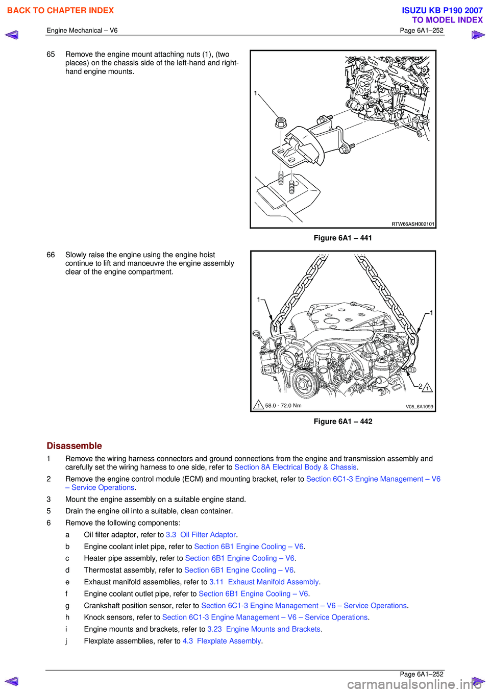 ISUZU KB P190 2007  Workshop Repair Manual Engine Mechanical – V6 Page 6A1–252 
 Page 6A1–252 
65  Remove the engine mount attaching nuts (1), (two 
places) on the chassis si de of the left-hand and right-
hand engine mounts. 
 
 
Figure