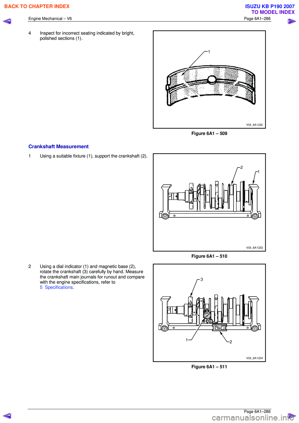 ISUZU KB P190 2007  Workshop Repair Manual Engine Mechanical – V6 Page 6A1–286 
 Page 6A1–286 
4  Inspect for incorrect seating indicated by bright, 
polished sections (1). 
 
Figure 6A1 – 509 
Crankshaft Measurement 
1  Using a suitab