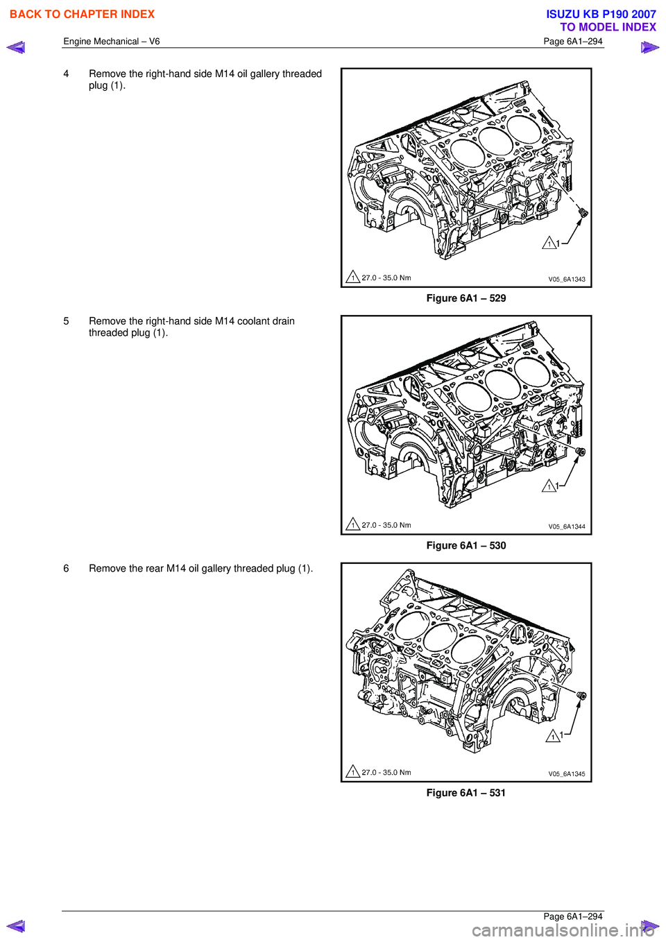ISUZU KB P190 2007  Workshop Repair Manual Engine Mechanical – V6 Page 6A1–294 
 Page 6A1–294 
4  Remove the right-hand side M14 oil gallery threaded 
plug (1). 
 
 
Figure 6A1 – 529 
5  Remove the right-hand side M14 coolant drain  th