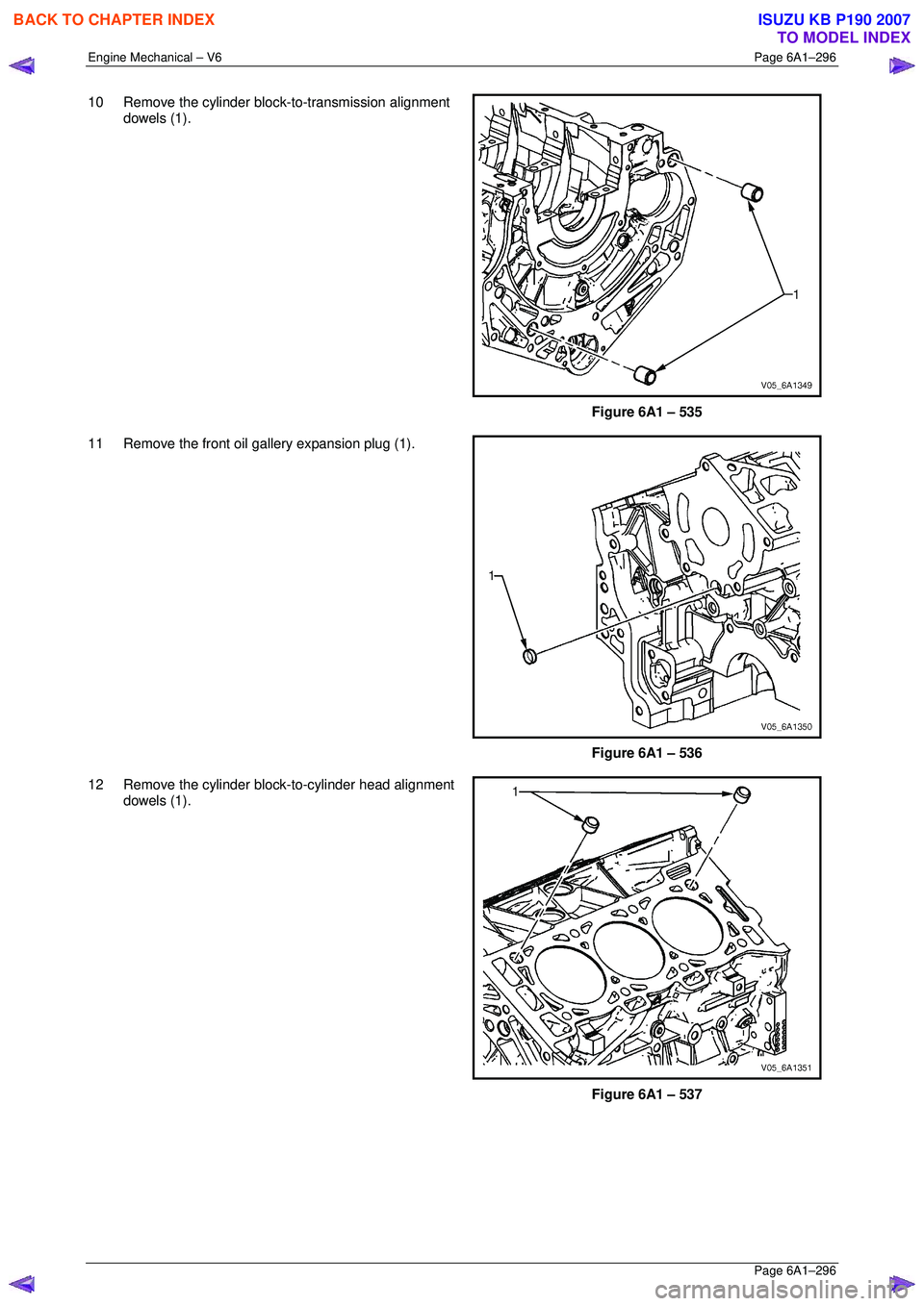 ISUZU KB P190 2007  Workshop Repair Manual Engine Mechanical – V6 Page 6A1–296 
 Page 6A1–296 
10  Remove the cylinder block-to-transmission alignment 
dowels (1). 
 
 
Figure 6A1 – 535 
11  Remove the front oil gallery expansion plug 